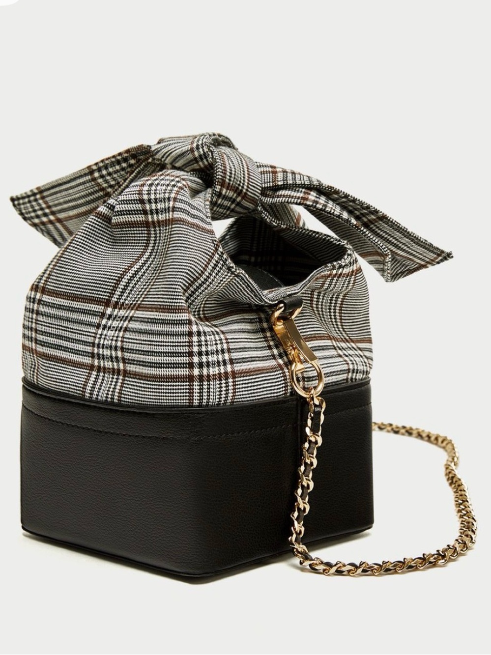 Zara Plaid Bow Drawstring Crossbody Bag in Black and Brown